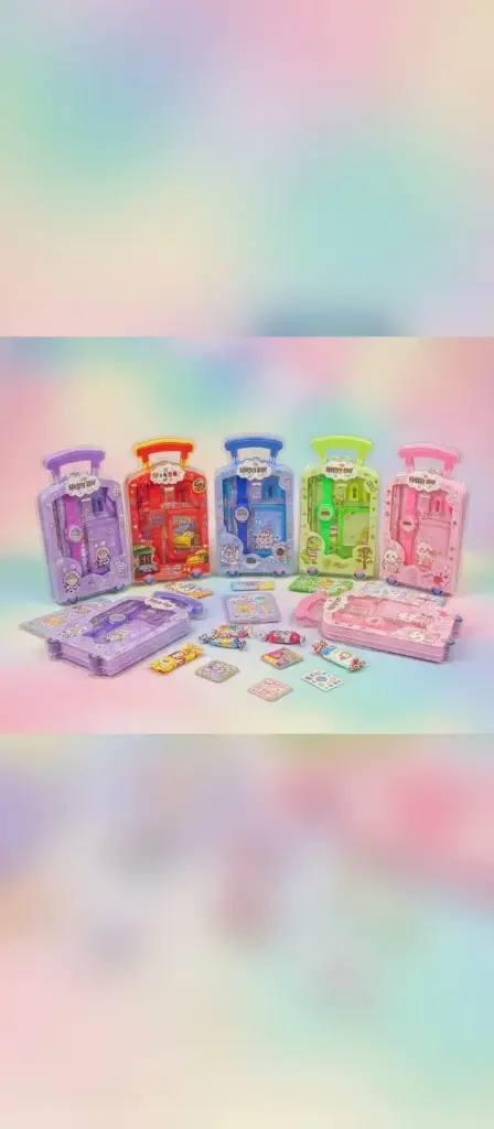 Happy Day Suitcase Set  watch + stationery; fun characters for kids.
